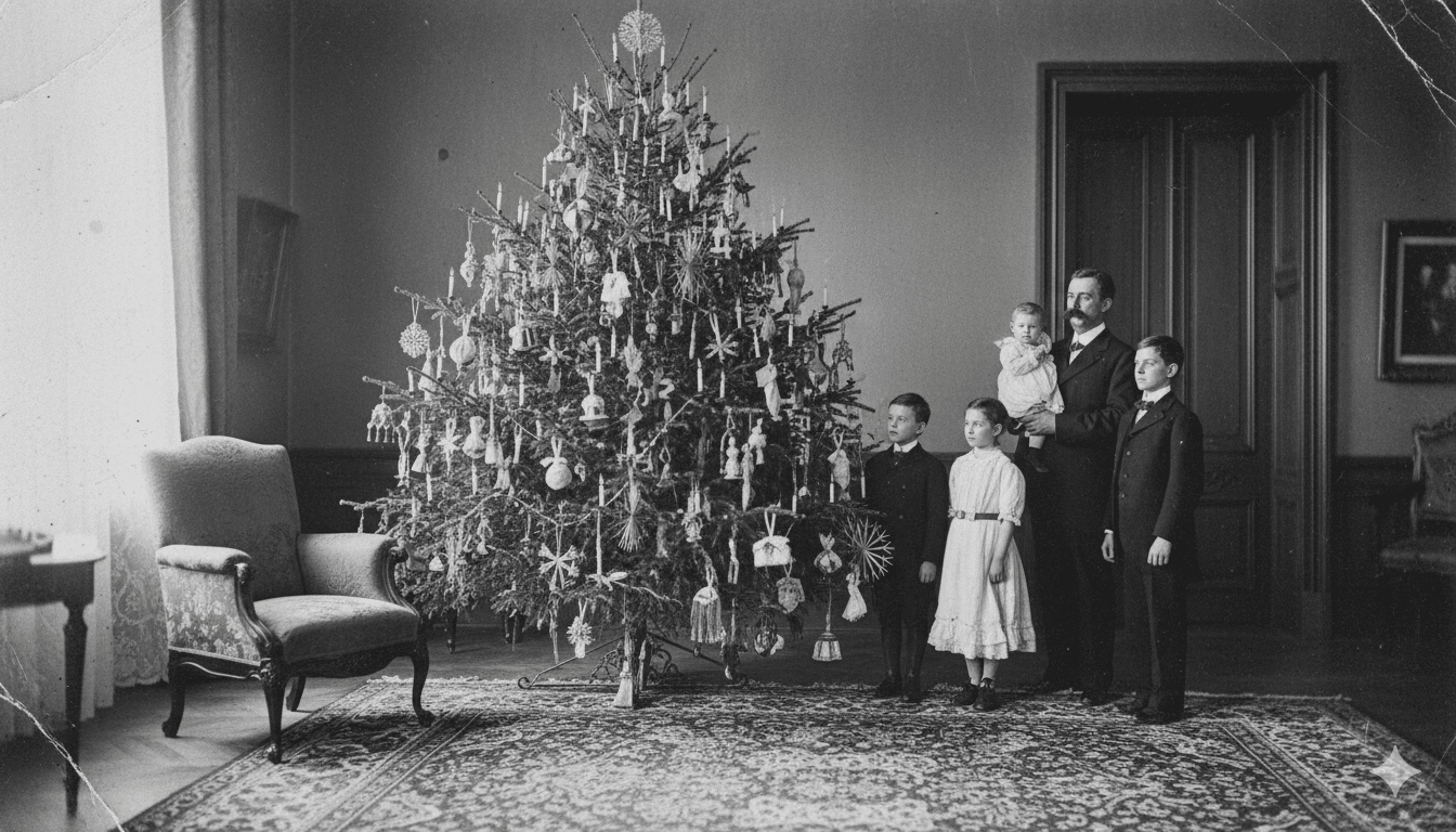 Egy archív fekete-fehér fotó, amely egy 19. század végi polgári otthon karácsonyfáját ábrázolja. A fán kézzel készített díszek és gondosan becsomagolt, rojtozott végű szaloncukrok lógnak, megidézve a hagyomány kezdetének hangulatát.